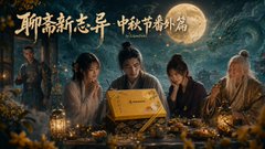 A dark fantasy illustration features several figures gathered around a glowing book, with Chinese text at the top reading '聊斋新志异' and a moonlit night scene in the background.