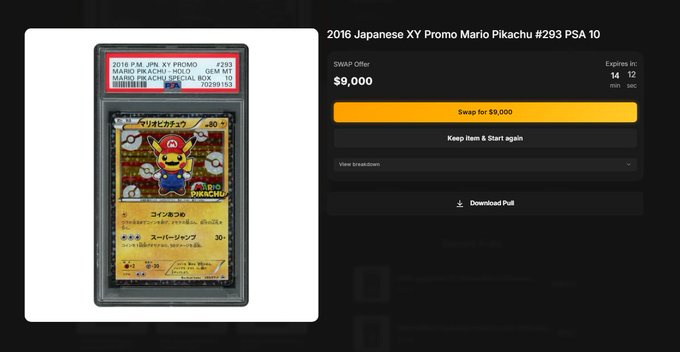 A PSA 10 grading screen for a 2016 Japanese XY Promo Mario Pikachu #293 card, offering a SWAP for $9,000.