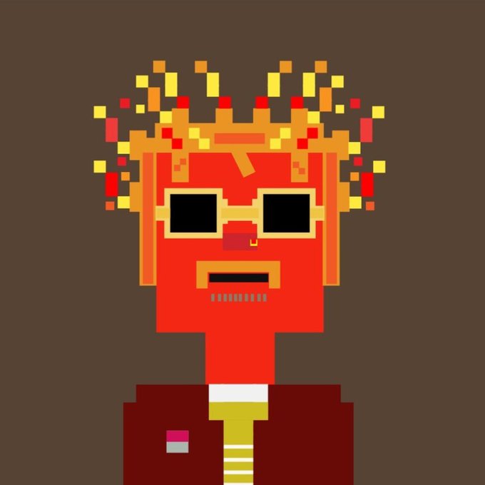 A pixel art portrait of a character with a red face, black sunglasses, a flaming crown, and a dark suit with a yellow tie.