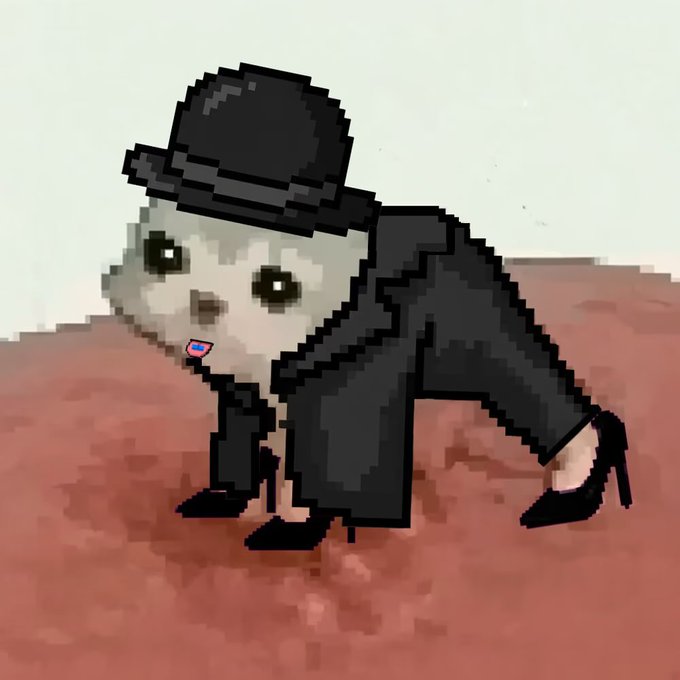 A pixel-art illustration of a ferret wearing a black top hat, trench coat, and boots in a crouched pose against a reddish-brown background.
