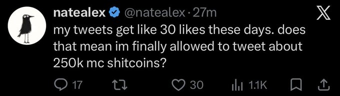 A tweet from verified user @natealex posted 27 minutes ago stating "my tweets get like 30 likes these days. does that mean im finally allowed to tweet about 250k mc shitcoins?" with 30 likes and 1.1K views.