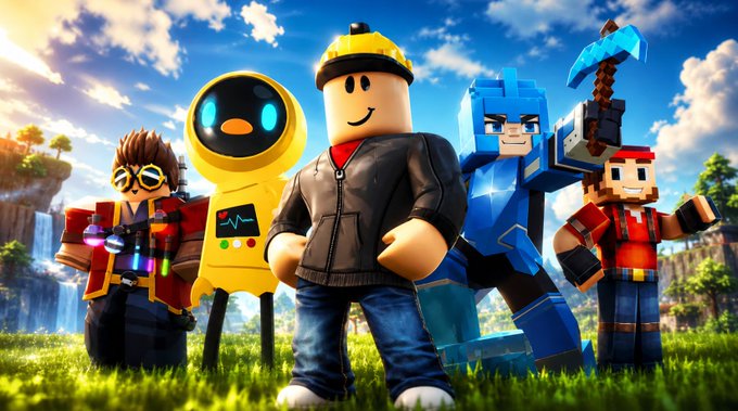 A colorful 3D rendering of five Roblox characters standing together in a grassy, scenic environment.