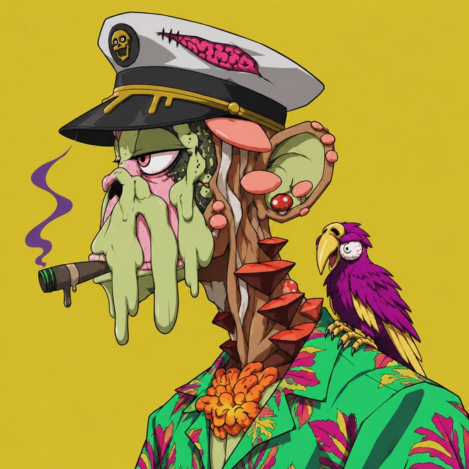 A colorful cartoon illustration of a grotesque zombie-like character in a naval officer's hat smoking a cigar, with an exposed brain, green slimy skin, and a purple bird perched on its shoulder against a yellow background.