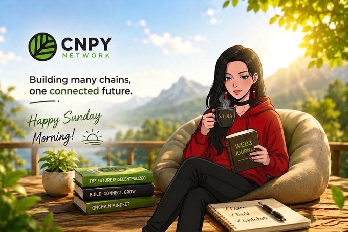The image features a woman sitting at a table with several books around her. She has a cup of coffee next to her and appears to be reading one of the books, possibly a book about building networks or a similar topic. The background shows a beautiful view of mountains under a clear sky, creating a serene atmosphere for the scene. The image also includes text that reads "Happy Sunday,fam! The morning of Sundays is never quite like the rest of the days. A bit more quiet. A bit more relaxed. It is the perfect day to gain some knowledge, test new concepts and just keep growing."