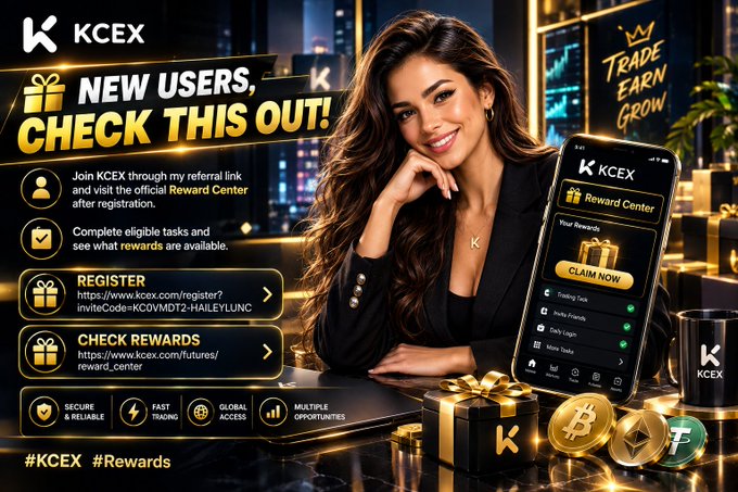 A promotional graphic for KCEX features a smiling woman in a black blazer beside a smartphone displaying the KCEX Reward Center app, with golden gift boxes and cryptocurrency coins (Bitcoin, Ethereum, Tether) in the foreground; the design highlights "NEW USERS, CHECK THIS OUT!" along with registration and rewards links (kcex.com/register?inviteCode=KCOVMDT2-HAIEYLUNC and kcex.com/futures/reward_center), reinforcing the post's invitation to join KCEX via referral and claim rewards, while noting features like Secure & Reliable, Fast Trading, Global Access, and Multiple Opportunities, with tags #KCEX and #Rewards.