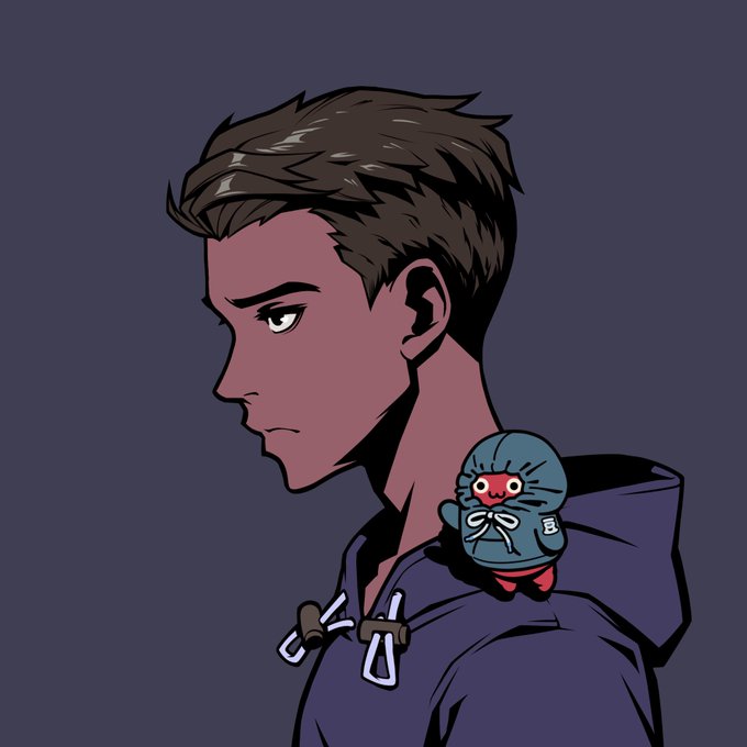 An animated illustration of a young man with brown hair in a purple hoodie, with a small blue mascot character perched on his shoulder.