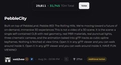 A project description for 'PebbleCity' on web3b, showing a token score of 29,811 (+31,745 TGH Total) and describing it as a on-chain, immersive 3D experience featuring Pebble-IRIS.