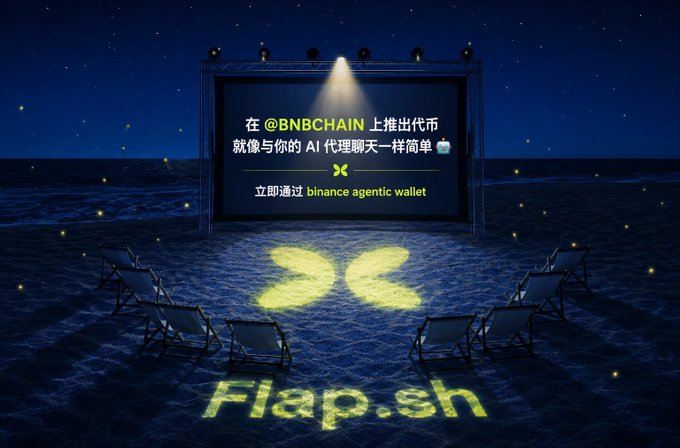 A promotional advertisement for Flap.sh featuring a movie screen on water displaying text in Chinese about launching tokens on @BNBCHAIN, with "立即通过 binance agentic wallet" and lounge chairs arranged on the ocean surface.