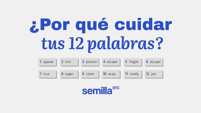 A graphic in Spanish asking '¿Por qué cuidar tus 12 palabras?' (Why care for your 12 words?) showing a list of 12 English words including 'appear', 'iron', 'portion', 'escape', 'fragile', 'true', 'eager', 'client', 'wrap', 'lonely', and 'pet', branded with 'semilla BTC'.