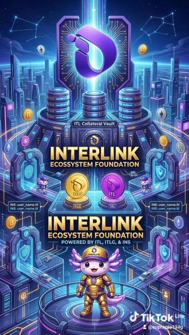 A promotional graphic for the 'INTERLINK ECOSSYSTEM FOUNDATION' powered by ITLG and INS features a winged mascot character, coins, and a cyberpunk cityscape background.