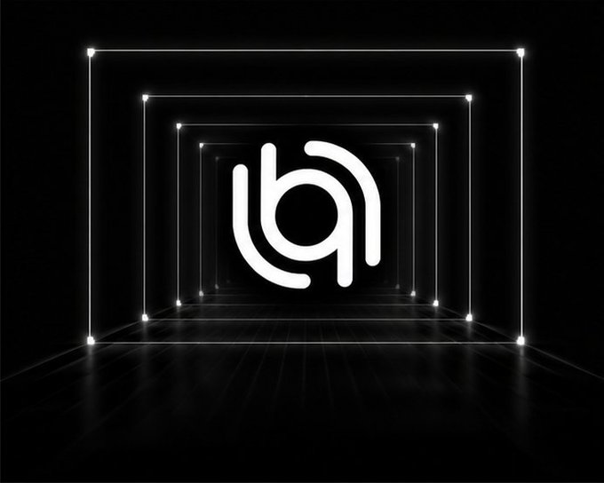 A glowing white logo resembling a stylized 'b' or wireless signal symbol, displayed in a futuristic tunnel of illuminated rectangular frames on a black background.