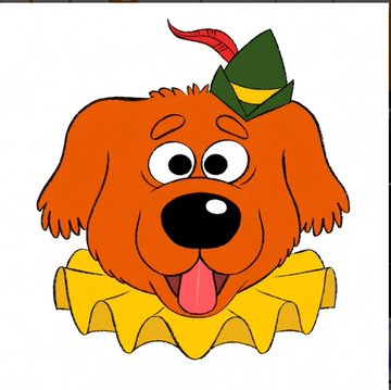 A cartoon illustration of an orange dog with floppy ears wearing a green elf-like hat and a yellow ruffled collar, with its tongue hanging out.