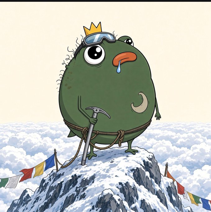 A cartoon illustration of a green blob-like character wearing a crown and ski goggles, crying, holding an ice pick while standing atop a snowy mountain peak surrounded by prayer flags.