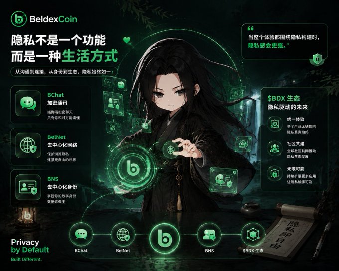 A promotional graphic for BeldexCoin featuring an anime-style dark-haired character surrounded by green holographic icons, highlighting their privacy ecosystem with features like BChat (encrypted communication), BelNet (decentralized network), BNS (decentralized identity), and the slogan 'Privacy by Default, Built Different'.