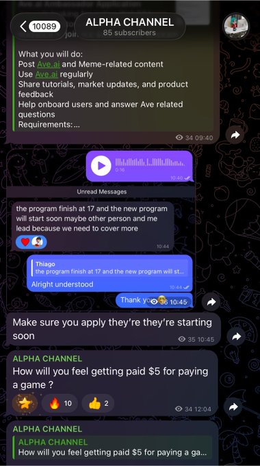 Telegram channel screenshots from 'ALPHA CHANNEL' with 85 subscribers, showing job requirements for posting Ave.ai content, chat messages about a program finishing and a new one starting, and a post asking 'How will you feel getting paid $5 for paying a game?'