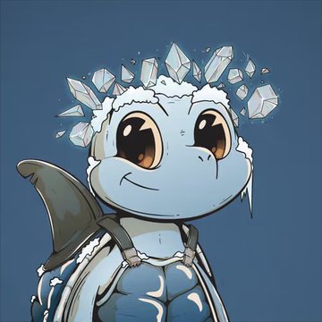 A cartoon illustration of a small blue and white dragon-like creature with crystal spikes on its head and large expressive brown eyes.