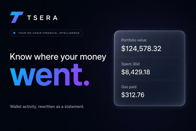 A promotional graphic for 'TSERA' describing it as 'Your On-Chain Financial Intelligence,' with the tagline 'Know where your money went,' showing portfolio value $124,578.32, spent 30d $8,429.18, and gas paid $312.76.
