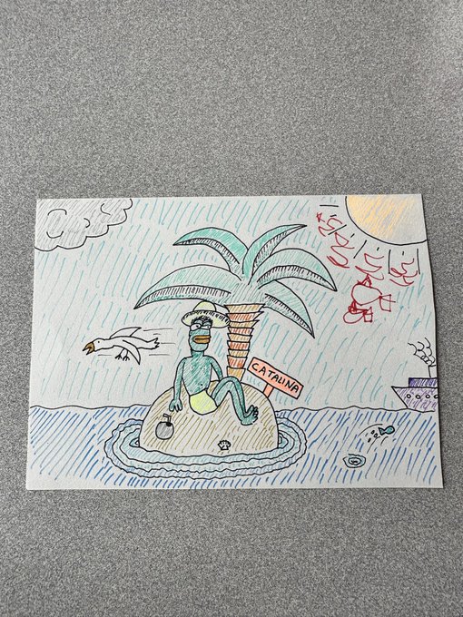 A child's colorful drawing of a character stranded on a small island with a palm tree and a sign reading "CATAUNA", surrounded by sharks and rain, with a ship in the background.