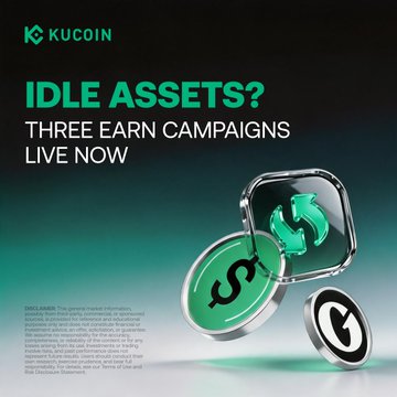 The image is a KuCoin promotional banner featuring the headline "IDLE ASSETS? THREE EARN CAMPAIGNS LIVE NOW" alongside visual elements of green dollar-sign coins and a refresh/exchange icon. It aligns with the post by promoting KuCoin's earn products offering up to 250% APR on Dual Investment and 6% APR on KCUSD and USDG, encouraging users to make their idle assets work.