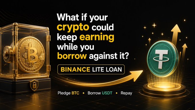 A Binance promotional image showcases a glowing Bitcoin secured inside a vault on the left and a USDT coin on a pedestal with upward arrows on the right, illustrating the "Binance Lite Loan" service. The headline reads "What if your crypto could keep earning while you borrow against it?" with steps to "Pledge BTC • Borrow USDT • Repay," visually reinforcing the post's message of borrowing USDT against BTC holdings without selling them.
