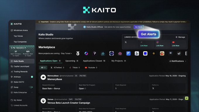 Kaito Studio platform dashboard displaying the Marketplace section with applications open on X (Twitter), Tiktok, and Youtube, featuring campaigns like MemoryBase and Versus Beta Launch Creator Campaign.
