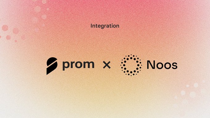 A promotional graphic announcing an integration between "prom" and "Noos," with the word "Integration" displayed at the top against a pink-to-orange gradient background, visually representing the partnership highlighted in the post between PROM's AI agent economic layer and Noos Protocol.