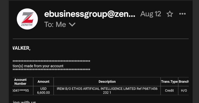 An email screenshot from ebusinessgroup@zenith showing a $6,600 USD credit transaction labeled "IREM B/O ETHOS ARTIFICIAL INTELLIGENCE LIMITED" to an account ending in 95, which is being used to promote a supposed job or investment opportunity with "AskEthos" targeting people with technical skills.