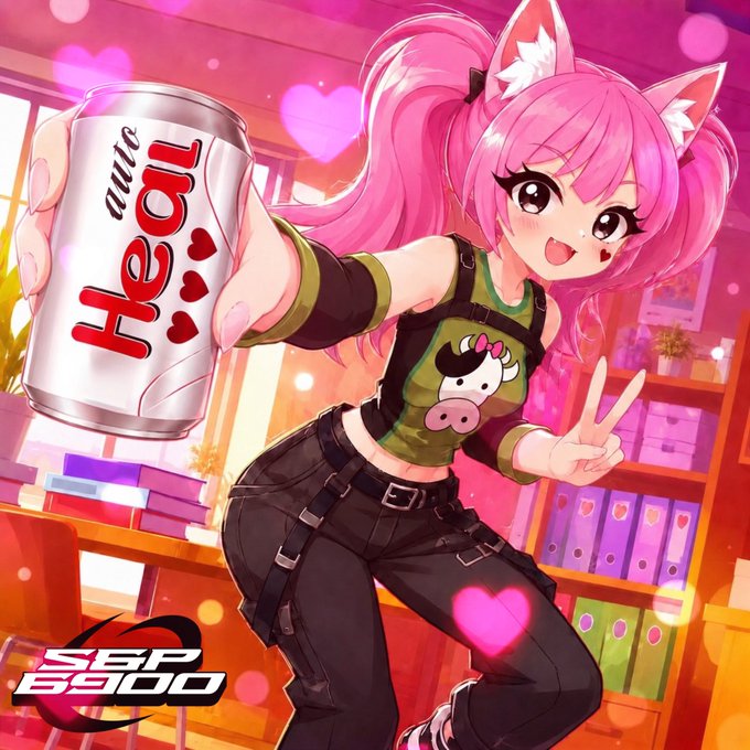 A vibrant anime-style illustration of a pink-haired catgirl character holding up a can labeled 'auto Heal' with heart symbols, set in a pink heart-themed room with an 'SGP 6900' logo.