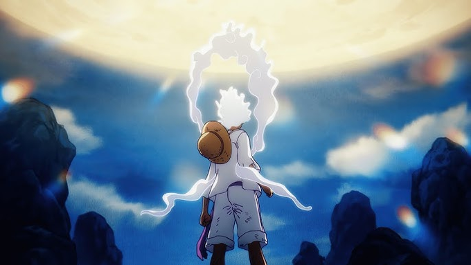 ikebana artist's digital illustration of a white figure with a brown hat, holding a sword and shield against a backdrop of blue sky and clouds.