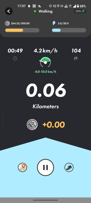 A fitness/walking app screenshot showing a workout in progress with 00:49 elapsed, 4.2 km/h pace, 0.06 kilometers tracked, and a GPS signal indicator.