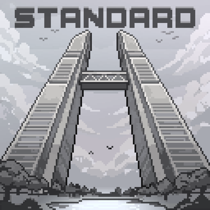 Pixel art illustration showing a massive stone archway/bridge spanning into the sky with the word 'STANDARD' displayed prominently at the top.