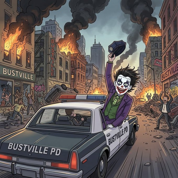 A vibrant comic-style illustration of the Joker standing triumphantly in a 'BUSTVILLE PD' police car, tipping his hat amid burning buildings, rioting crowds, and chaos in a city labeled 'BUSTVILLE'.