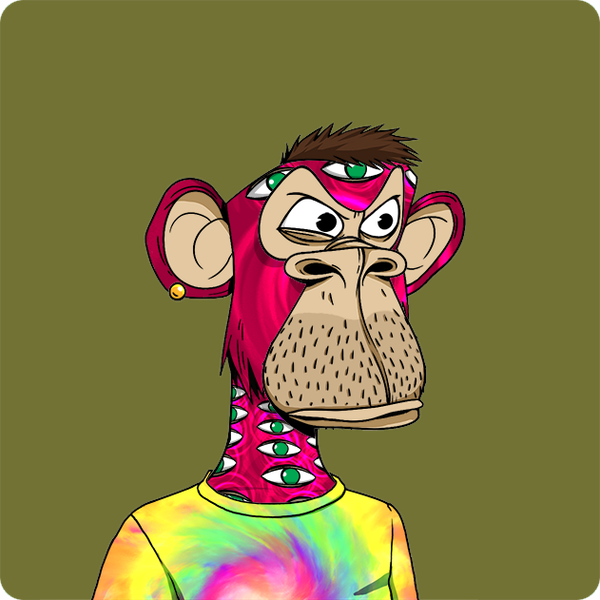 A digital NFT-style illustration of a psychedelic monkey character with pink fur, multiple green eyes on its head and neck, and a tie-dye yellow shirt, set against an olive green background.