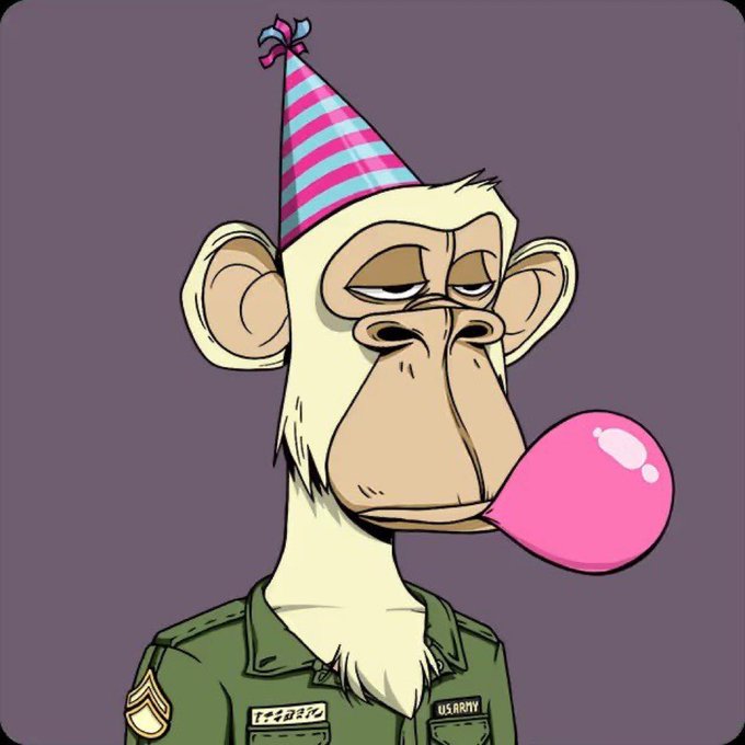 Cartoon illustration of a bored-looking monkey wearing a pink and blue striped party hat, blowing up a pink balloon while dressed in a green U.S. Army uniform.