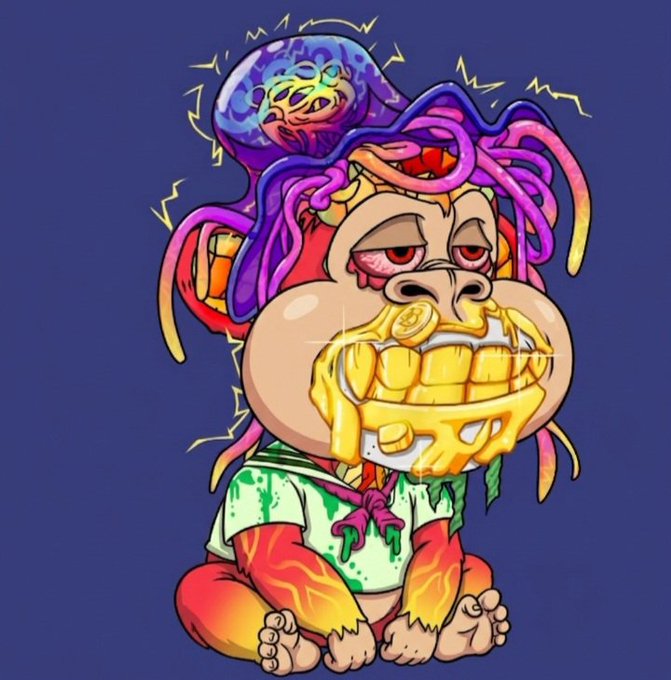 A psychedelic cartoon illustration features a grinning figure with golden teeth and bulging eyes, topped with a glowing purple octopus-like creature with tentacles.