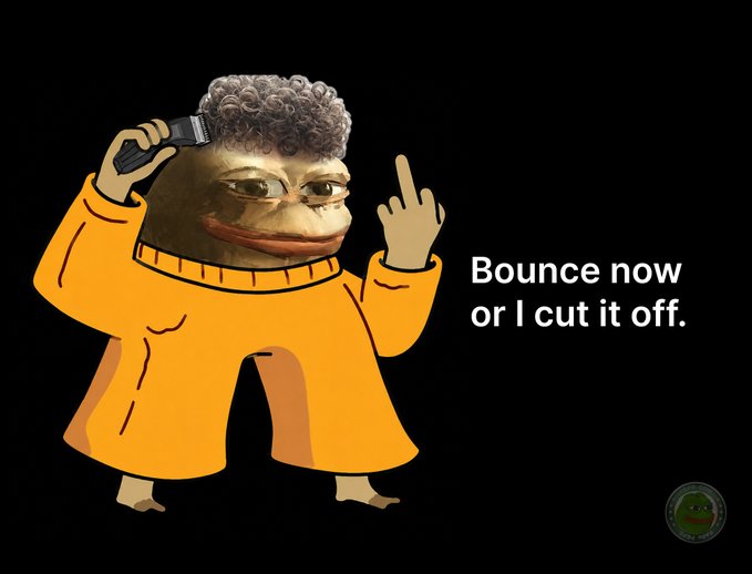 The image features a cartoon frog wearing an orange sweater, holding a pair of scissors above its head as if cutting someone's hair. The text "Bounce now or I cut it off" is written below the frog, which seems to be a reference to the post about cutting one's own hair.