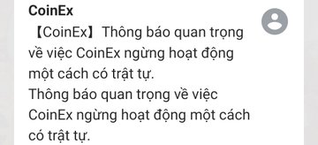 A notification message in Vietnamese from CoinEx announcing important news about a sudden suspension of operations in a secretive manner.