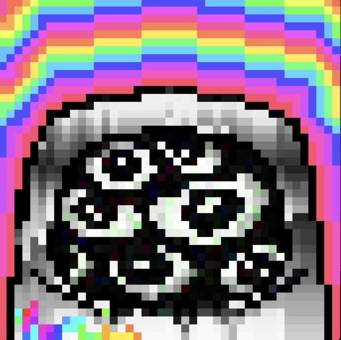 A pixelated black-and-white owl with swirling, hypnotic eyes sits in front of a vibrant, glitchy rainbow background — fitting imagery for a "SMOWL" greeting.