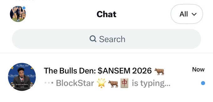 A Telegram chat interface showing 'The Bulls Den: $ANSEM 2026' with BlockStar typing a message.