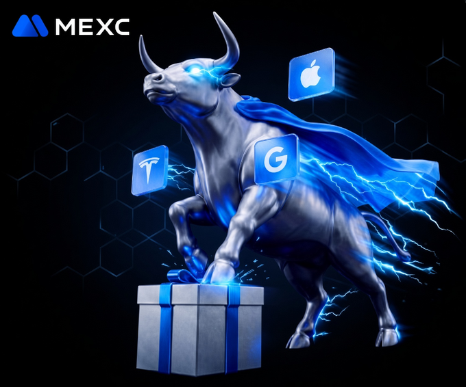 A MEXC promotional graphic featuring a silver bull with a blue cape surrounded by lightning, standing on a gift box with floating logos for Apple, Tesla, and Google.