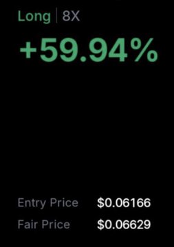 A trading interface displays a long position with 8X leverage showing a gain of +59.94%, with an entry price of $0.06166 and fair price of $0.06629, reflecting the strong upward momentum referenced in the post about a coin pumping non-stop.