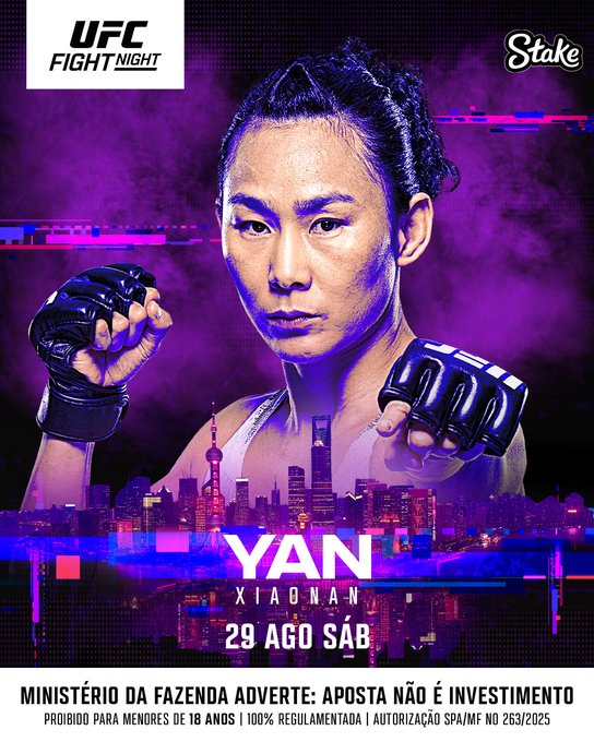 A UFC Fight Night promotional poster features fighter Yan Xiaonan in fighting pose wearing MMA gloves, set against a purple-lit Shanghai skyline backdrop. Key text includes "UFC FIGHT NIGHT," "Stake," "YAN XIAONAN," and "29 AGO SÁB" (August 29 Saturday), advertising her co-main event bout against Denise Gomes at UFC Shanghai.