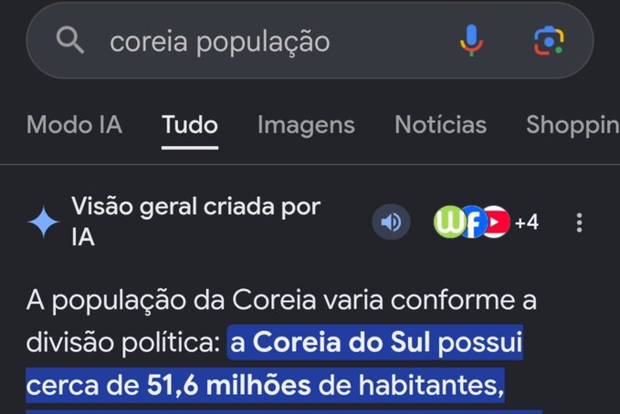 A Google search results page in Portuguese displaying an AI-generated overview for the query "coreia população" (Korea population), stating "A população da Coreia varia conforme a divisão política: a Coreia do Sul possui cerca de 51,6 milhões de habitantes."