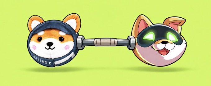 An illustration of two cartoon characters connected by a mechanical barbell-like device: on the left, a Shiba Inu wearing an 'ASTEROID' space suit, and on the right, a smiling cat wearing a futuristic headset with glowing green lenses, set against a green background.