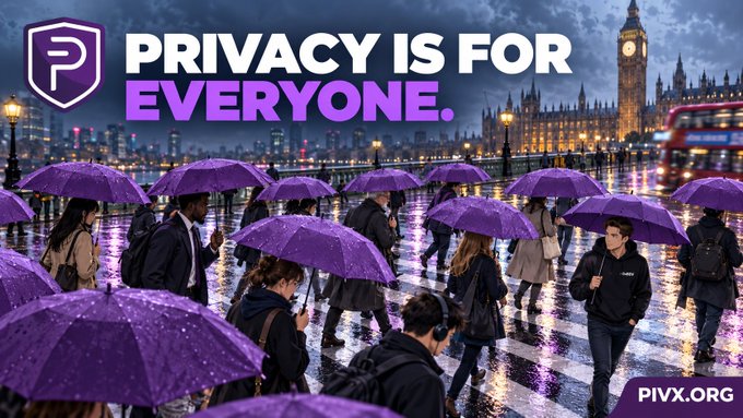 A promotional graphic featuring a purple 'P' shield logo with the text 'PRIVACY IS FOR EVERYONE.' over a rainy London scene with people carrying purple umbrellas; 'PIVX.ORG' appears in the bottom right.