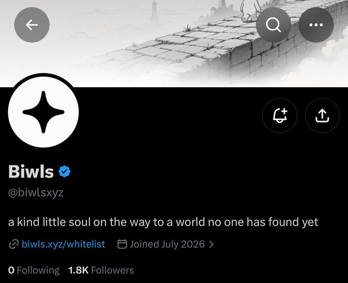 A Twitter/X profile page for user 'Biwls' (@biwlsxyz) with the bio 'a kind little soul on the way to a world no one has found yet,' showing 1.8K followers and a link to biwls.xyz/whitelist.