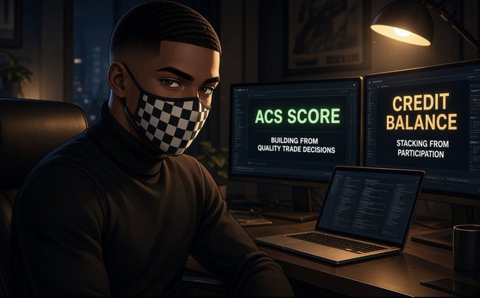 A digital illustration of a person wearing a checkered mask sitting at a desk with dual monitors displaying "ACS SCORE: BUILDING FROM QUALITY TRADE DECISIONS" and "CREDIT BALANCE: STACKING FROM PARTICIPATION" in a dimly lit room.