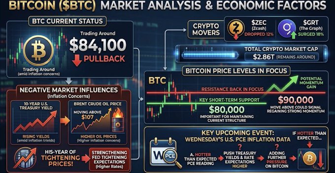 A detailed Bitcoin market analysis infographic showing BTC trading around $84,100 with a pullback, including sections on negative market influences, crypto movers (ZEC dropped 12%, GRT surged 18%), price levels in focus ($80,000 support, $90,000 resistance.