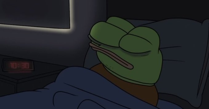 A screenshot of Pepe the Frog cartoon character sleeping in bed with a digital clock showing 10:30 in the background.
