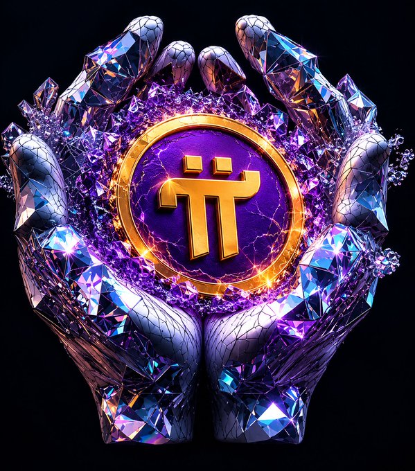 The image features a pair of hands made out of crystal, with the fingers pointing upwards towards the sky. The hands are holding a golden coin that has the number "PI" written on it. The background of the image is black, which contrasts with the vibrant colors and intricate details of the crystal-like hands and the golden coin. The caption at the bottom of the image reads: "If you're still holding $PI in June 2026, congratulations. You're either early... or you'r a legend."